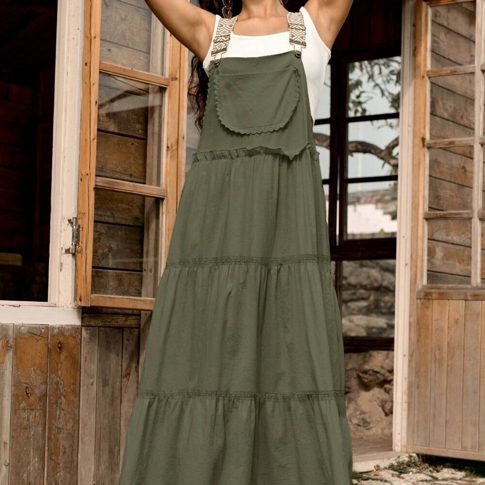 Army Green Casual Women's Cotton Floral Lace Slip Dress - Picture 4 of 6